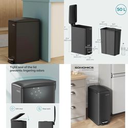 Trash Can, 13-Gallon (50 L) Garbage Can For Narrow Spaces | With Soft-Close Lid, Inner Bucket, And Step-on Pedal, Stainless Steel, 15 Trash Bags Inclu