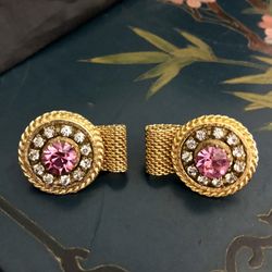 Quality Vintage Mesh Wraparound Gold Cufflinks w/Synthetic Pink Sapphire encircled by Cubic Zirconia Diamonds