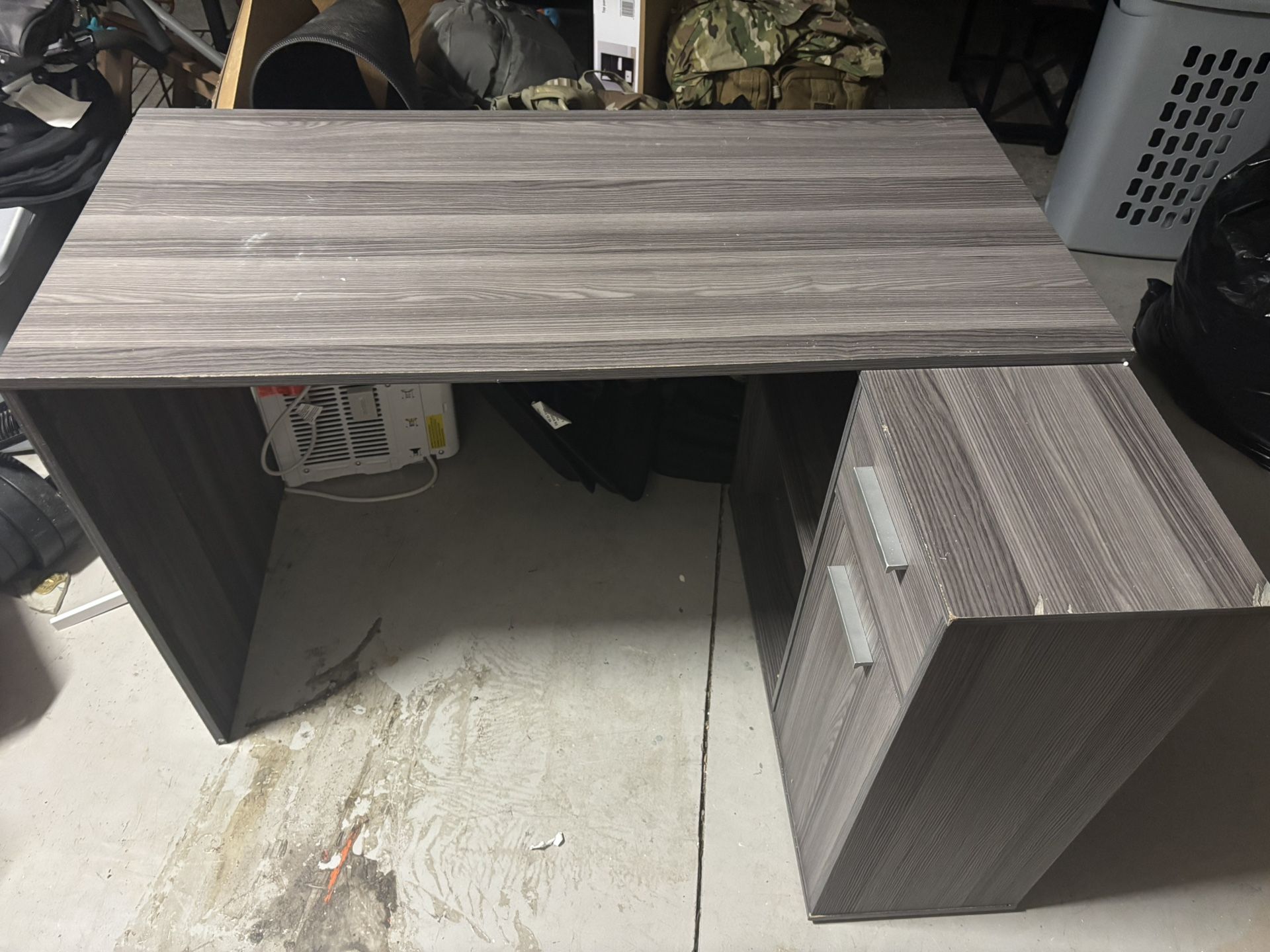 Modern Gray Woodgrain Desk w/ Storage Drawers & Shelves - $60