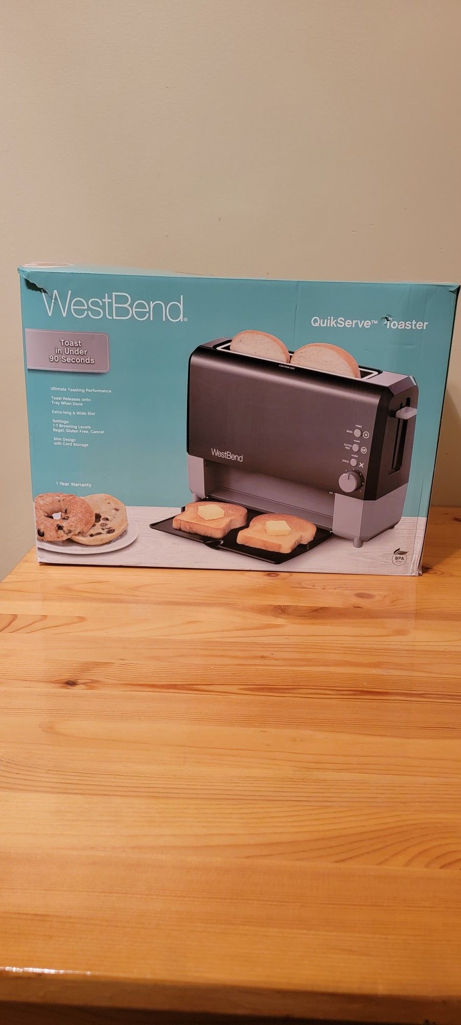 West Bend 77224 Toaster 2 Slice QuikServe Wide Slot Slide Through with Bagel and Gluten-Free Settings and Cool Touch Exterior Includes Removable Servi