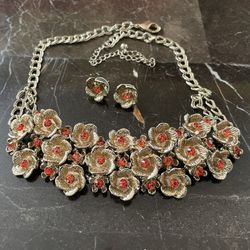 Antique Gold Tone Orange Rhinestone Studded Choker Necklace With Matching Stud Earrings 