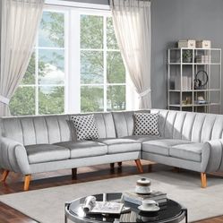 Brand New Grey Velvet Retro Style Sectional Sofa 