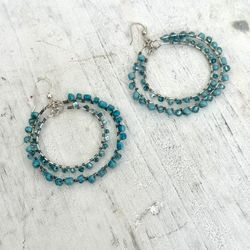 Blue Beaded Silver  Tone Double Circle Earrings 