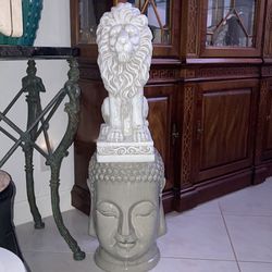 Gorgeous Ceramic Gray Zen Asian Chinese Chinoiserie Buddha Head Garden Stool & Majestic Indoor Outdoor Lion Statue.  The 2 New Pieces…