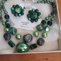 Vintage Multi Tone Green Imitation Pearl Necklace With Earrings 