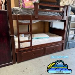 Triple Twin Brown Bunk Bed With Mattresses New