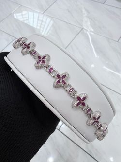 Silver Flower Link Bracelet with Ruby Stones 925 Silver Moissanite