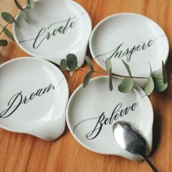 NEW! Luxury Tea & Coffee Spoon Rest Tray Calligraphy Set (4-Piece) Inspire, Dream, Create, Believe (White glossy ceramic)