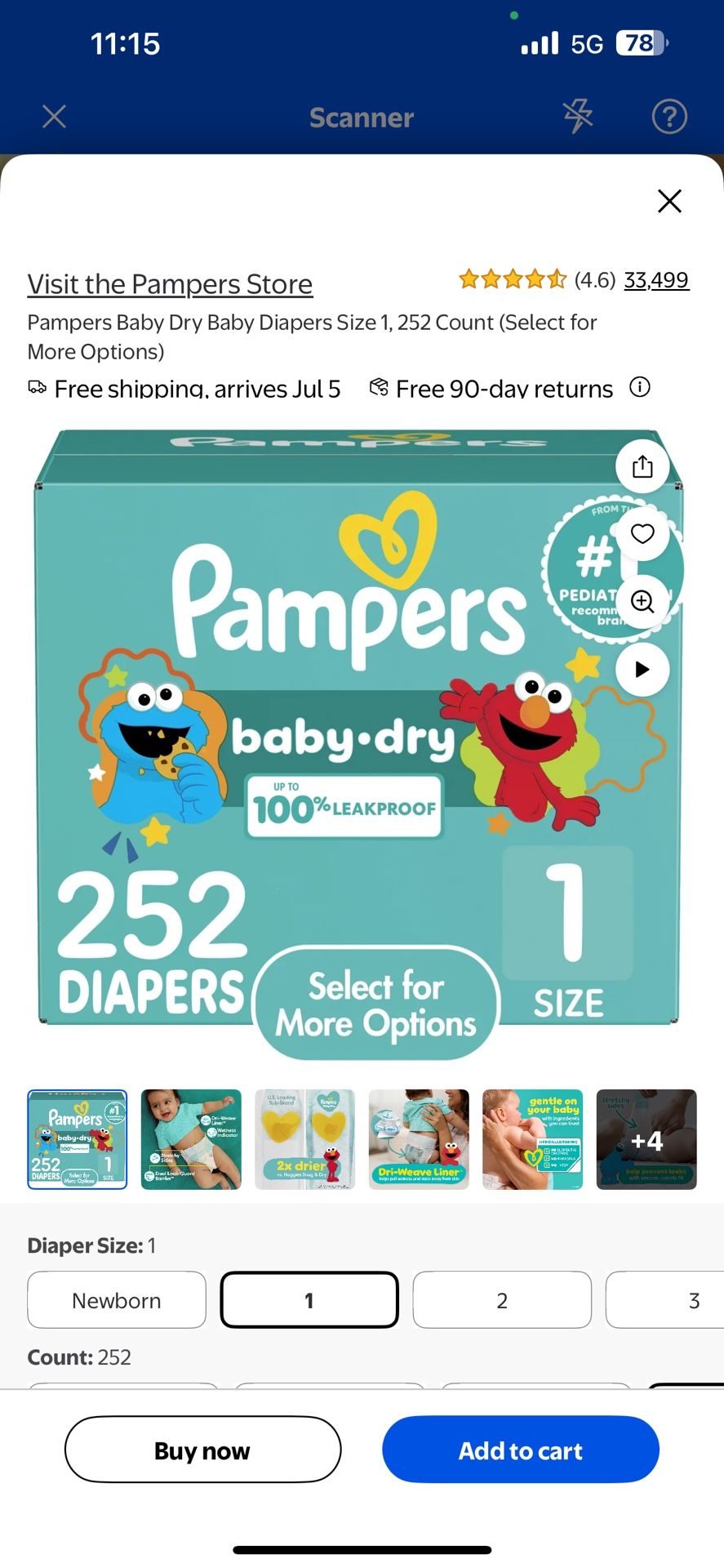 Pampers Baby Dry Baby Diapers Size 1, 252 Count (Select for More Options)