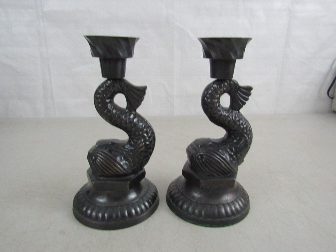 Vtg Bronze Tone Solid Brass MCM Koi Fish Taper Candlestick Holders
