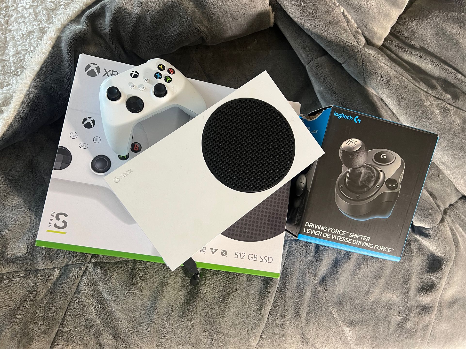 Xbox Series S with Wheel + Stand and Shifter. 