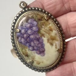 🍇 Gorgeous “Hand-Painted” (lavender grape design) 1.5” x 2” porcelain china painting pendant with vintage scalloped edges for sale! 