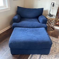 Cozy Macy’s Chair + Ottoman Set – Deep Navy – Excellent Condition!