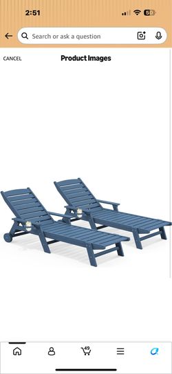New in box SERWALL HDPE Outdoor Lounge Chair Set of 2 with Cup Holder, Blue with 5 Position Adjustable Backrest & Rolling Wheels( a041-086)