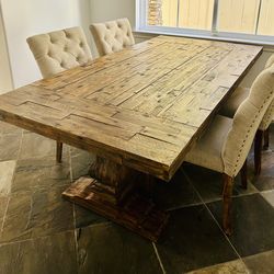 Solid Wood Farmhouse Dining Table Set – 6 Piece (Table + 4 Tufted Chairs + Bench)