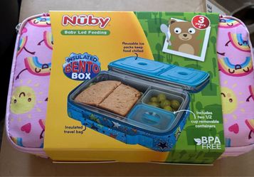 Nuby Insulated Bento Box Lunchbox in the Pink Rainbows design.