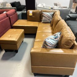 Mustard Leather Sectional & Ottoman w/storage 