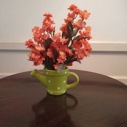 Orange Flower Green Vase Pitcher/Artificial Arrangement/10 Inches Tall