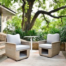 XIZZI Artemis Set of 2 Wicker Natural PE wicker Metal Frame Stationary Conversation Chair with Gray Cushioned Seat