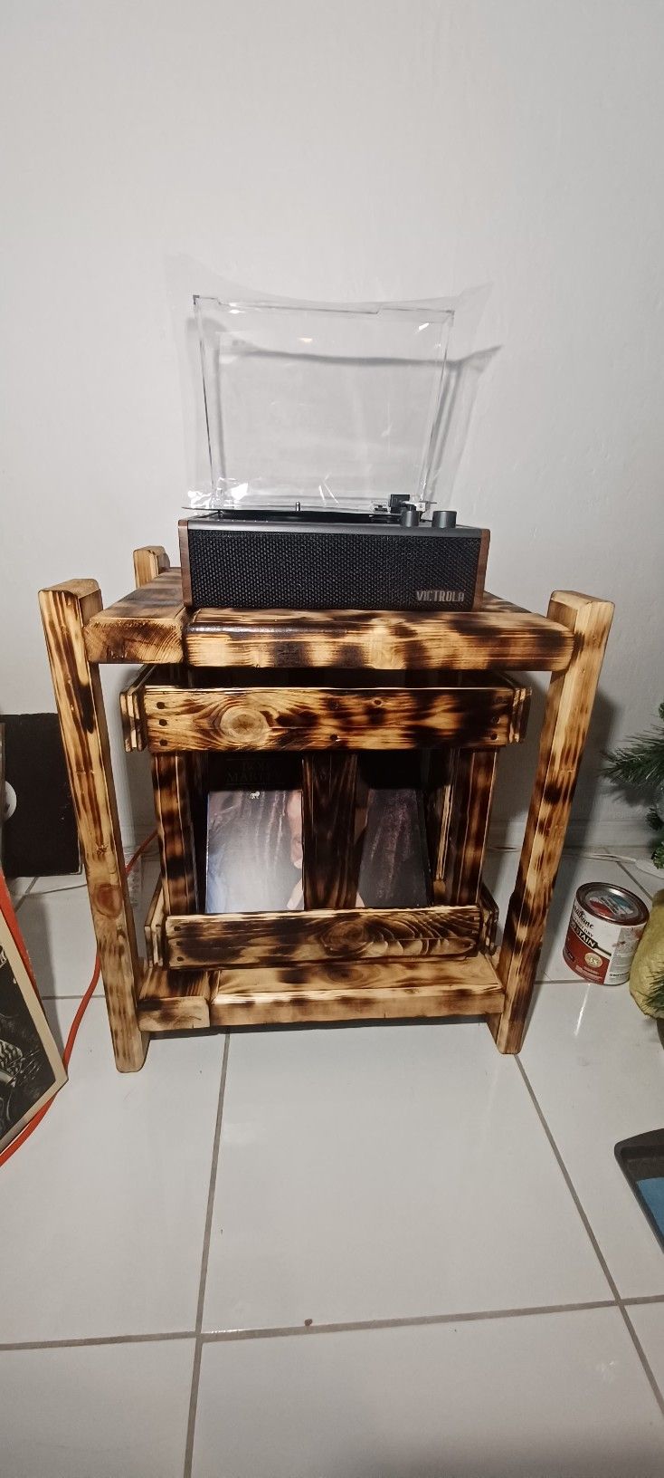 “Reclaimed Wood Vinyl Record Stand Set – Torch-Burned, Stained & Sealed Rustic Furniture!”