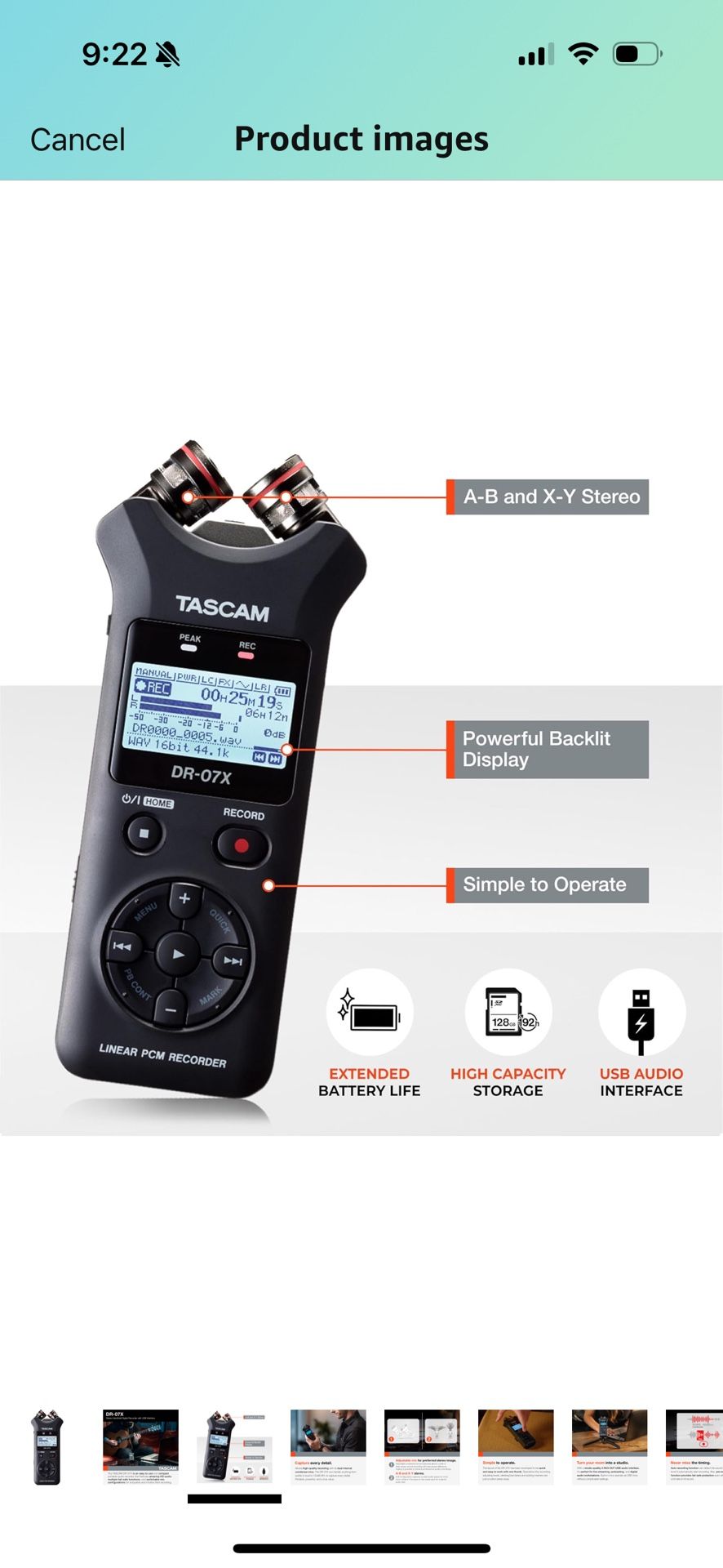 Tascam DR 07X Stereo Handheld Digital Audio Portable Recorder and USB Audio Interface, Pro Field, AV, Music, Dictation Recorder