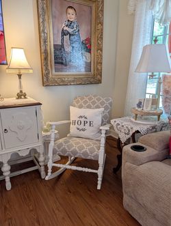 Vintage Upholstered Armchair with White Wooden Frame