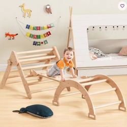 Cozy Castle Pikler Triangle Set, Foldable Toddler Climbing Toys Indoor Playground for Kids, Oak