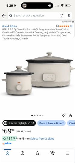 BELLA Slow Cooker Set 1.5 Qt and 6 Qt