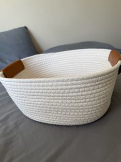 White Rope Storage Basket with Leather Handles