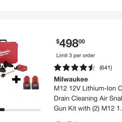 Milwaukee M12 12V Lithium-lon Cordless Drain Cleaning Air Snake Air Gun Kit with (2) M12 1.5Ah...