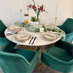 Marble Dining Set + 4 Velvet Chairs (Emerald & Gold)