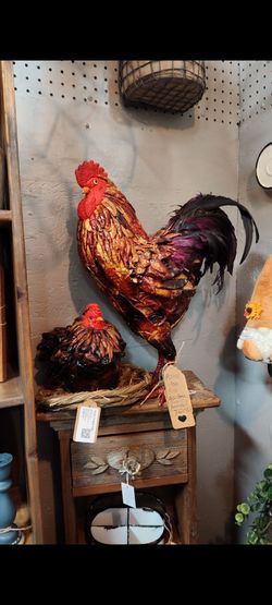 Vintage Rooster & Hen Handmade w/ Chiles, Authentic Feathers