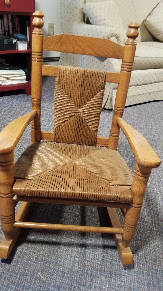Child's Heavy Wooden With Cane Seat Rocker