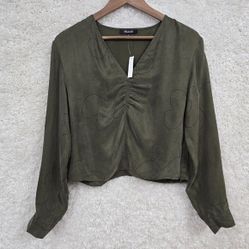 Madewell Brushed Ruched Front Top Womens 4 Green Long Sleeve Cupro V-Neck Earthy
