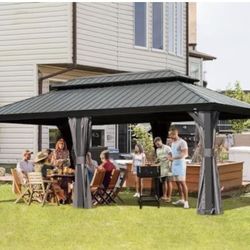 12' X 20' Hardtop Gazebo Outdoor Metal Gazebo Canopy with Galvanized Steel Double Roof, Aluminum Frame, Curtains and Netting for Patio, Deck, Garden, 