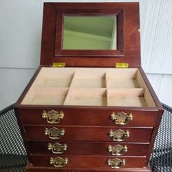 VTG Wood Chippendale Style Jewelry Box Chest Brass Pulls Lift Top Mirror