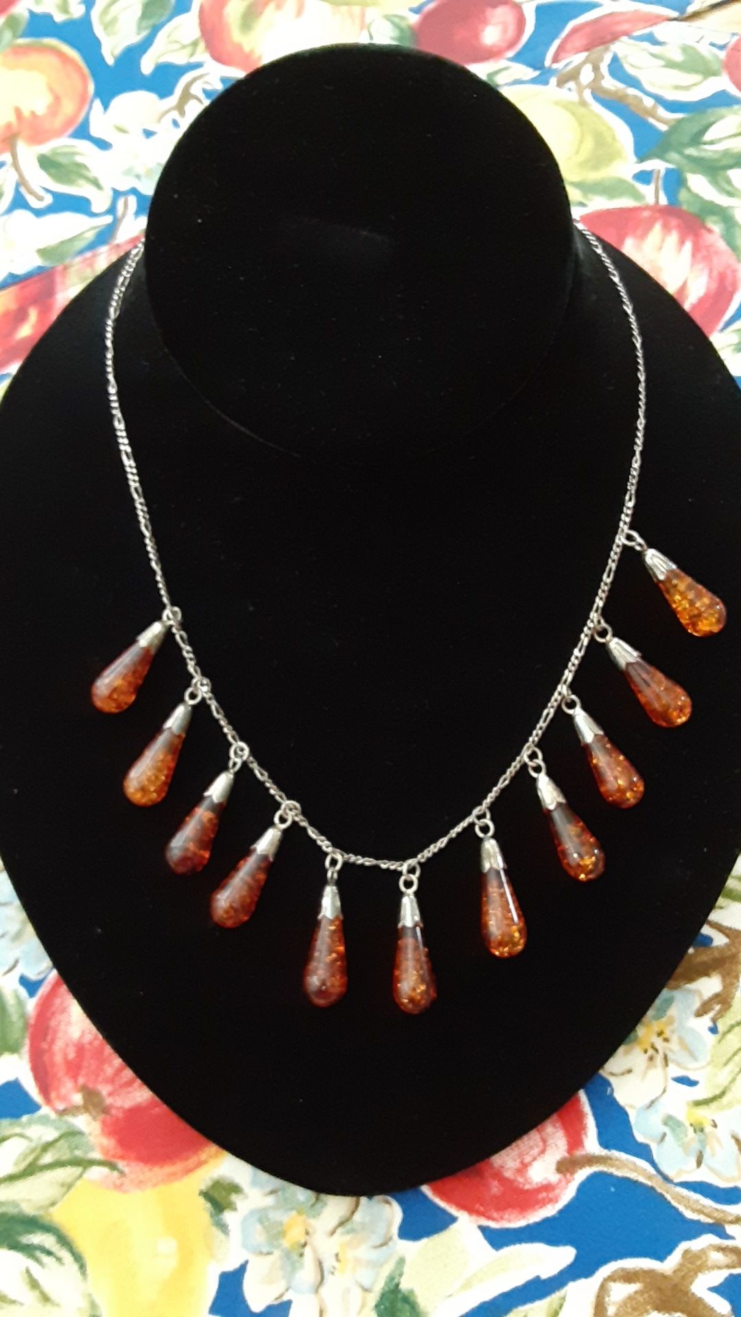 ORIENTAL DECOR VINTAGE AMBER NECKLACE 925 SOLID SILVER