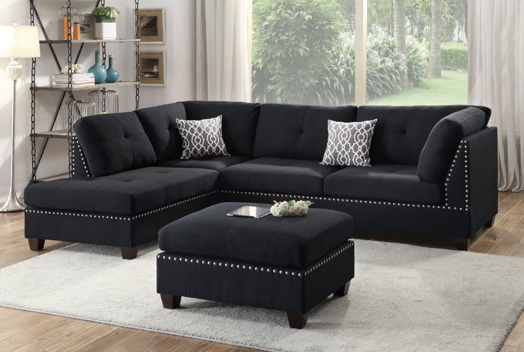 3pc Reversible Sectional Sofa Set W/ Ottoman - Black