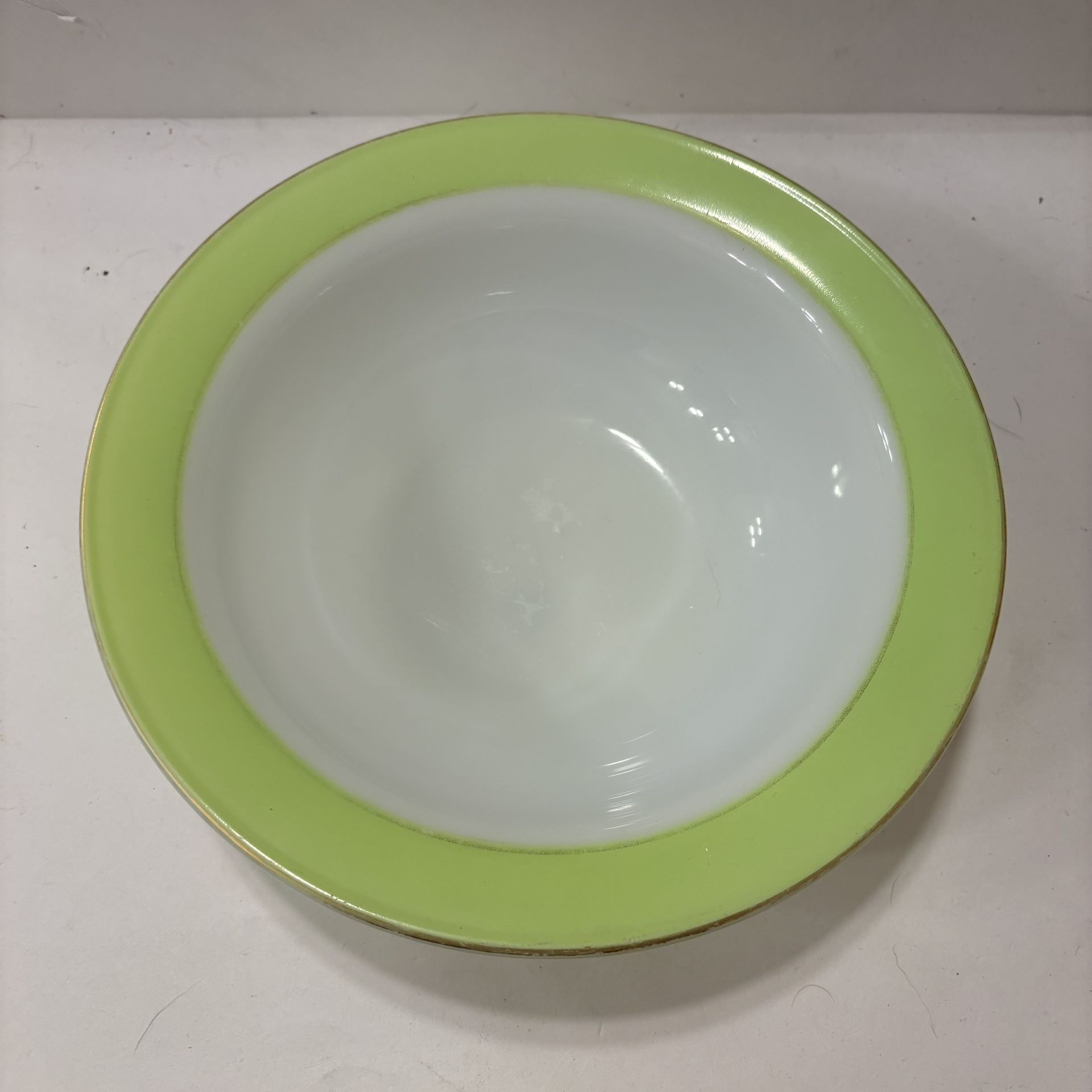 Pyrex Lime Green Rim Bowl 9" Vegetable Serving Vintage White Milk Glass