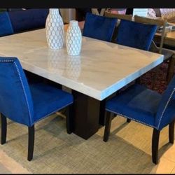 5 Piece Counter Hight Dining Set/ Marble Dining Table And Blue Velvet Stools🔥New Brand🌟On Display🏠Delivery Available 👍