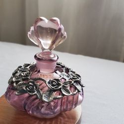 Beautiful Antique Perfume Bottle Metal Overlay And Heart Shaped Stopper