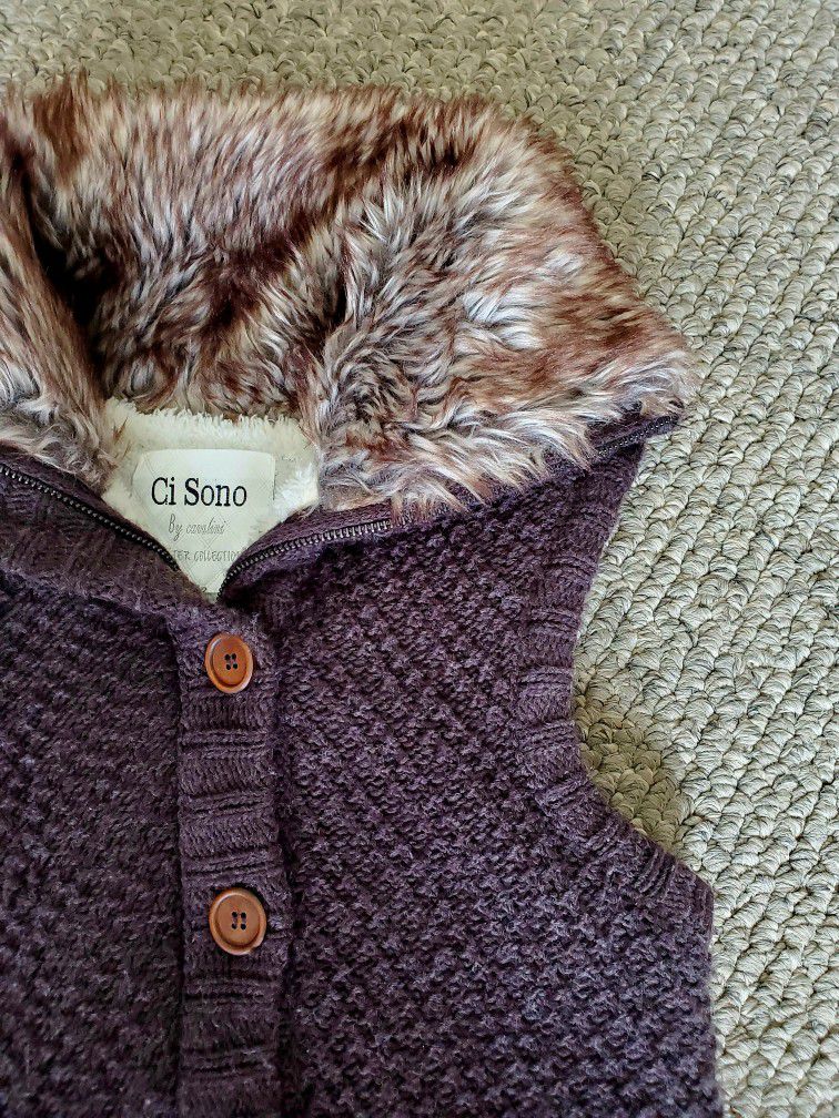 CiSono Dark Brown Knit Collared Faux Fur Button Closure Vest Sift Teddy Cuddly Women's Size Small