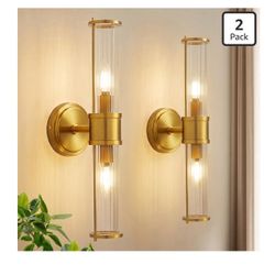 Brushed Gold Wall Sconces Set of 2, Modern Bathroom Vanity Light Fixture with Clear Glass Shades, Hardwired Brass Wall Mounted Lamp for Over Mirror, H
