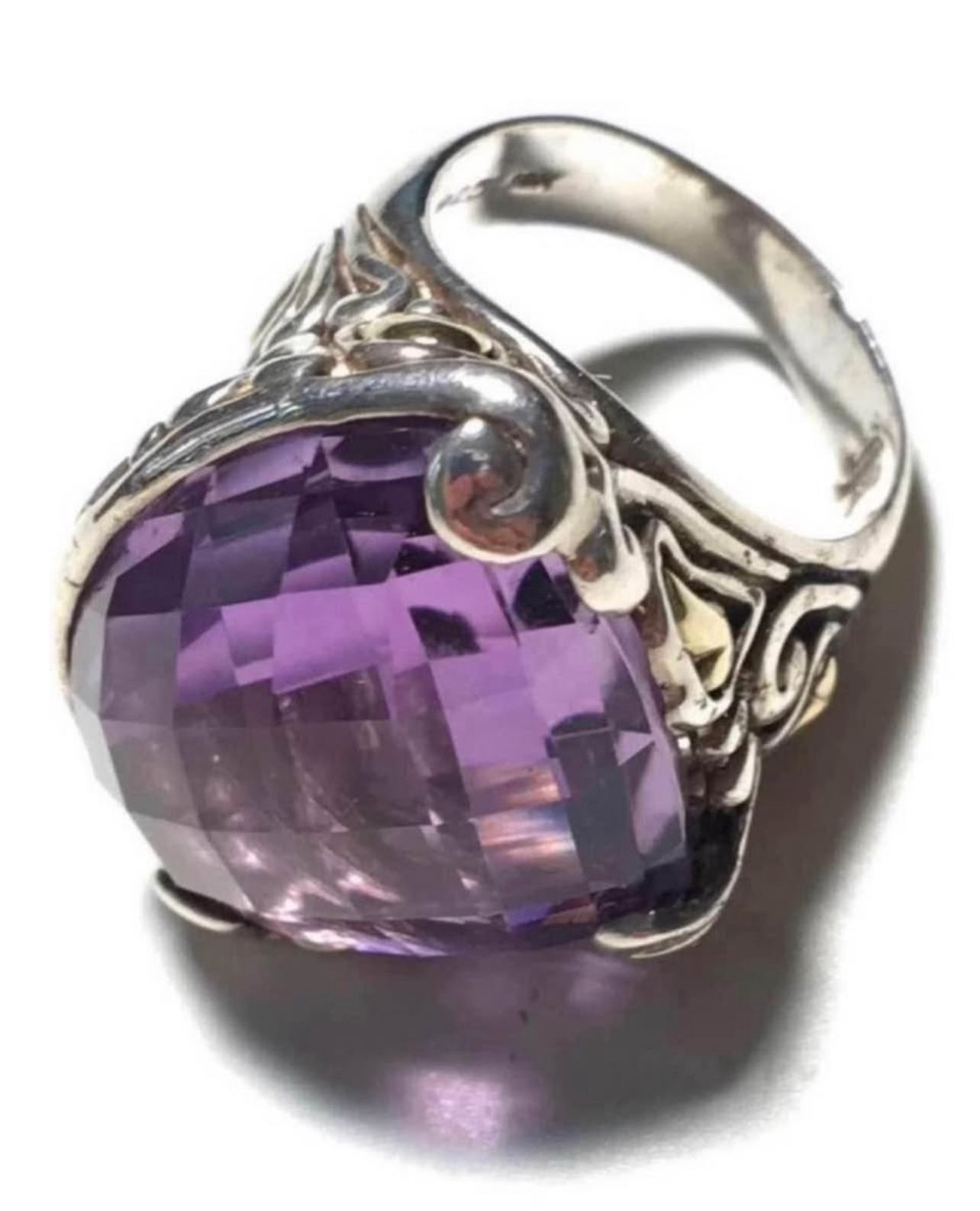 18k & 925 Amethyst John Hardy Cocktail Ring Size 6.75 ( 6 3/4 ) Very large purple amethyst stone.