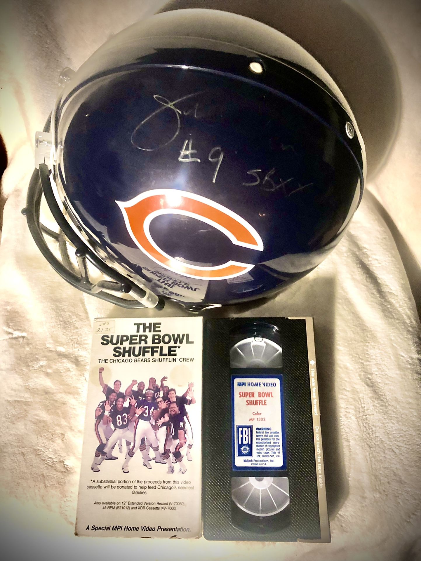 Chicago Bears Signed Jim McMahon Full Size Helmet From Super Bowl XX & The Super Bowl Shuffle Charity VHS From Same Year 1985