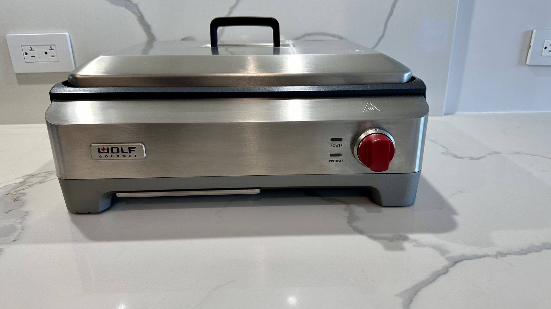Griddle - Wolf Gourmet Precision Electric, Indoor Grill, 200 sq. in, Nonstick Coating, Advanced Temperature Control, Stainless Steel, Red Knob (WGGR10