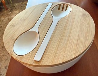 White Salad Bowl Set with Bamboo Lid & Servers