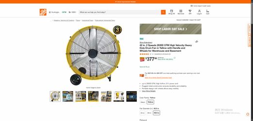 42 in. 2 Speeds 26300 CFM High Velocity Heavy Duty Drum Fan in Yellow with Handle and Wheels for Warehouse and Basement
