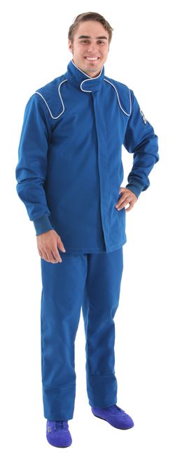 Crow Safety Gear Single-Layer Proban Driving Jacket in a Men's Small (Blue & White color scheme).