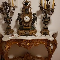 BREVATO, ATO BRASS AND MARBLE CLOCK AND CANDELABRAS